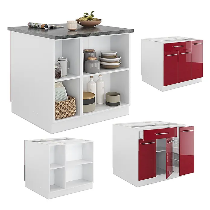 Vicco Inselküche Fame-Line Bordeaux Hochglanz/Weiß mit Schublade, ohne Arbeitsplatte - Breite: 90 cm, Bordeaux Hochglanz, Ohne Elektrogeräte - Weiße Kücheninsel mit dunkler Arbeitsplatte, offenen Regalen und roten modularen Unterschränken.