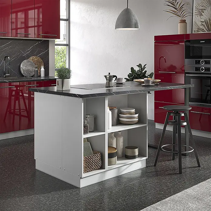 Vicco Inselküche Fame-Line Bordeaux Hochglanz/Weiß mit Schublade, ohne Arbeitsplatte - Breite: 90 cm, Bordeaux Hochglanz, Ohne Elektrogeräte - Weiße Kücheninsel mit schwarzer Marmoroptik-Arbeitsplatte, integriertem Kochfeld und offenen Regalen, als zentraler Arbeitsbereich und Stauraum.