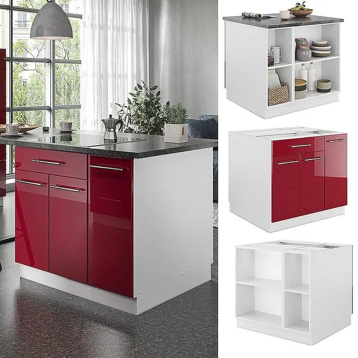 Vicco Inselküche Fame-Line Bordeaux Hochglanz/Weiß mit Schublade, ohne Arbeitsplatte - Breite: 90 cm, Bordeaux Hochglanz, Ohne Elektrogeräte - Glänzende rot-weiße Kücheninsel mit dunkelgrauer Arbeitsplatte, in einer modernen Küche gezeigt. Verfügt über Schränke und offene Regale.