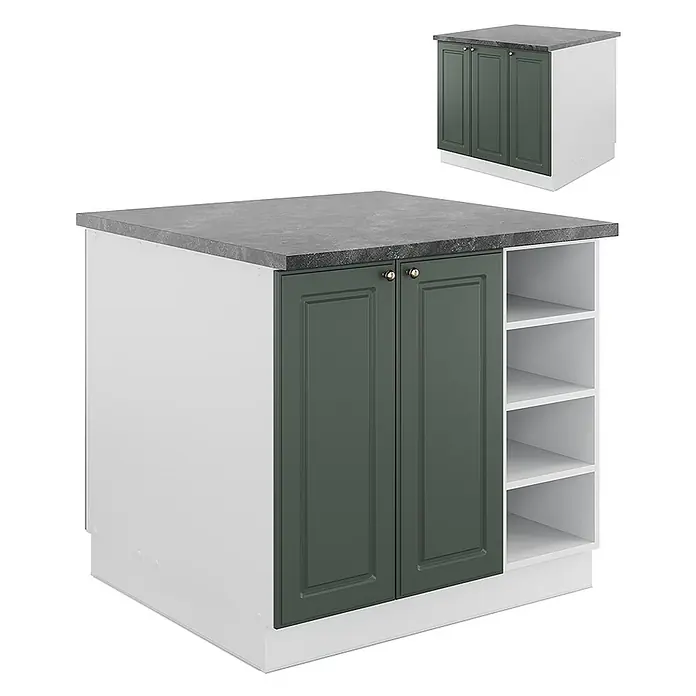 Vicco Inselküche Fame-Line Grün-Gold Landhaus/Weiß ohne Arbeitsplatte - Breite: 90 cm, Grün-Gold Landhaus, Ohne Elektrogeräte - Kücheninsel mit dunkelgrauer Arbeitsplatte, weißem Unterbau, dunkelgrünen Schranktüren und offenen Regalen. Inklusive kleinerer passender Einheit.
