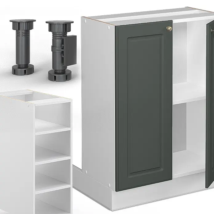Vicco Inselküche Fame-Line Grün-Gold Landhaus/Weiß ohne Arbeitsplatte - Breite: 90 cm, Grün-Gold Landhaus, Ohne Elektrogeräte - Weißer Küchenunterschrank mit dunkelgrauer Tür und Regalen, dazu verstellbare Standfüße und ein offenes Regalmodul.