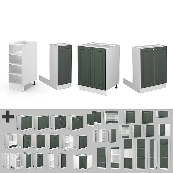Vicco Inselküche Fame-Line Grün-Gold Landhaus/Weiß ohne Arbeitsplatte - Breite: 90 cm, Grün-Gold Landhaus, Ohne Elektrogeräte - Modulares Küchenschranksystem: weiße Korpusse mit dunkelgrünen Türen, inklusive Unter-, Ober- und Hochschränken sowie offenen Regalen.