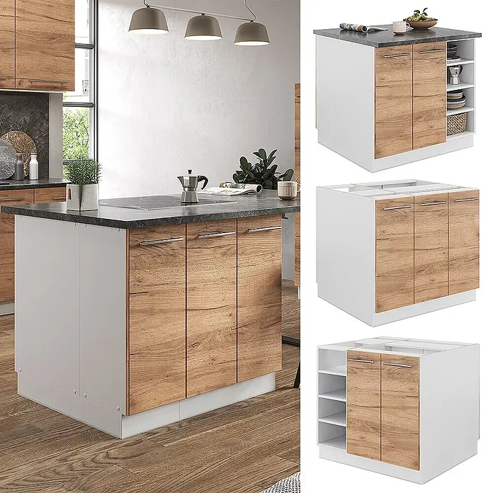 Vicco Inselküche Fame-Line Goldkraft Eiche/Weiß ohne Arbeitsplatte - Breite: 90 cm, Goldkraft Eiche, Ohne Elektrogeräte - Moderne weiße Kücheninsel mit Holzoptik-Schranktüren, dunkler Arbeitsplatte und offenen Regalen für vielseitigen Stauraum.