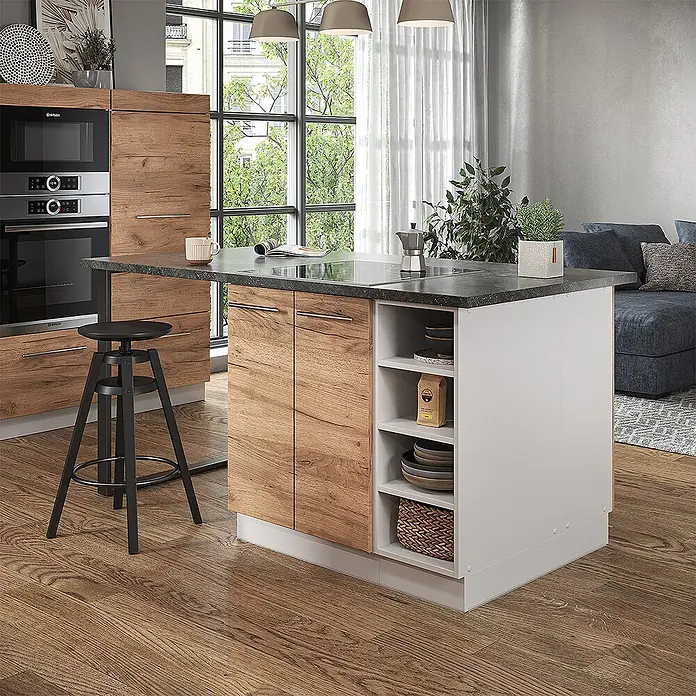 Vicco Inselküche Fame-Line Goldkraft Eiche/Weiß ohne Arbeitsplatte - Breite: 90 cm, Goldkraft Eiche, Ohne Elektrogeräte - Moderne Kücheninsel mit Holztüren, dunkler Arbeitsplatte und weißen Regalen, als Frühstücksbar genutzt.