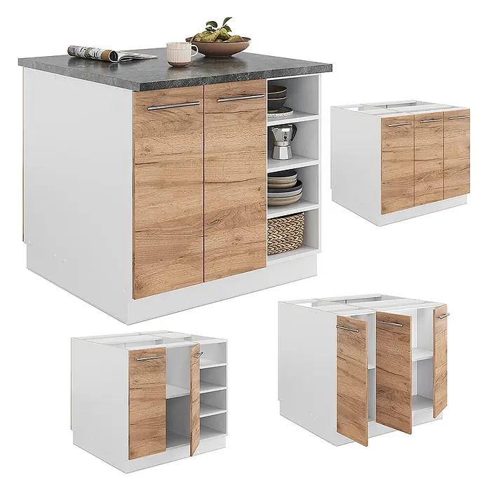Vicco Inselküche Fame-Line Goldkraft Eiche/Weiß ohne Arbeitsplatte - Breite: 90 cm, Goldkraft Eiche, Ohne Elektrogeräte - Moderne Kücheninsel mit weißem Korpus, Holzdekorfronten, dunkler Arbeitsplatte und offenen Ablagefächern.