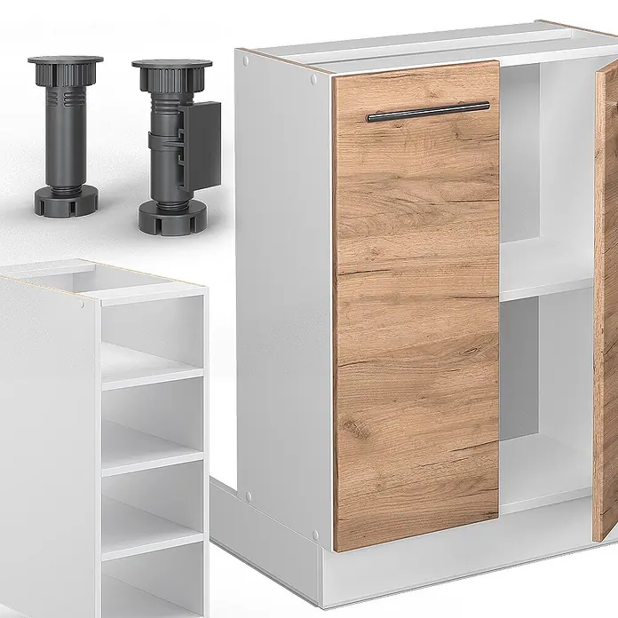 Vicco Inselküche Fame-Line Goldkraft Eiche/Weiß ohne Arbeitsplatte - Breite: 90 cm, Goldkraft Eiche, Ohne Elektrogeräte - Weiße modulare Küchenschrankelemente: Unterschrank mit Holztür, offenes Regal und verstellbare Füße.