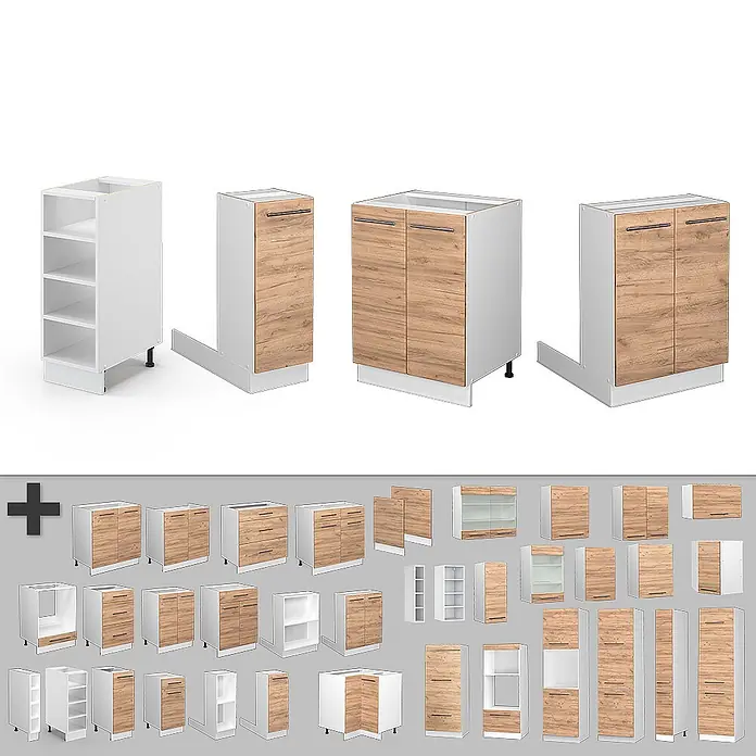 Vicco Inselküche Fame-Line Goldkraft Eiche/Weiß ohne Arbeitsplatte - Breite: 90 cm, Goldkraft Eiche, Ohne Elektrogeräte - Modulares Küchenschranksystem mit weißen Korpen und hellen Holzfronten, verschiedene Unter-, Ober- und Hochschränke zeigend.