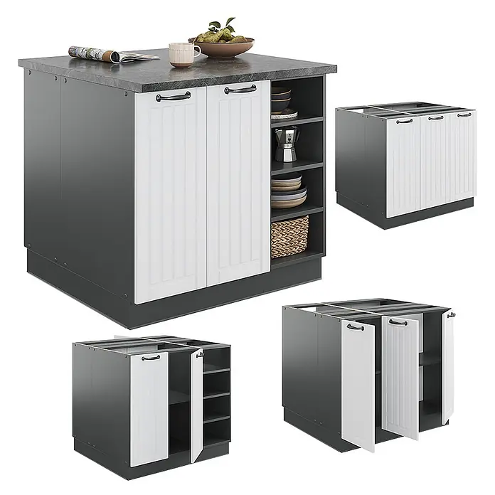 Vicco Inselküche Fame-Line Weiß Landhaus/Anthrazit ohne Arbeitsplatte - Breite: 90 cm, Weiß Landhaus, Ohne Elektrogeräte - Dunkelgraue Kücheninsel mit weißen Lamellentüren, dunkler Arbeitsplatte und offenen Regalen für Küchenstauraum.