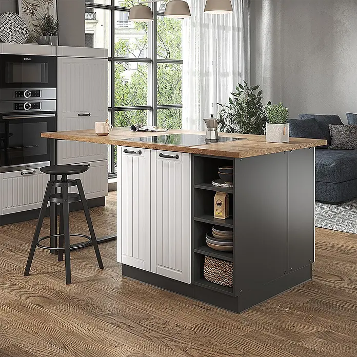 Vicco Inselküche Fame-Line Weiß Landhaus/Anthrazit ohne Arbeitsplatte - Breite: 90 cm, Weiß Landhaus, Ohne Elektrogeräte - Moderne Kücheninsel mit Holzplatte, integriertem Kochfeld, weißen Kassettentüren und dunkelgrauen Regalen als Essbereich.