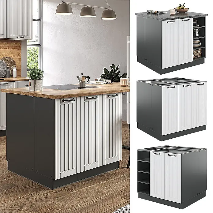 Vicco Inselküche Fame-Line Weiß Landhaus/Anthrazit ohne Arbeitsplatte - Breite: 90 cm, Weiß Landhaus, Ohne Elektrogeräte - Moderne Kücheninsel mit Holz-Arbeitsplatte, dunkelgrauem Sockel und weißen Lamellentüren, inklusive integriertem Kochfeld und Stauraum.