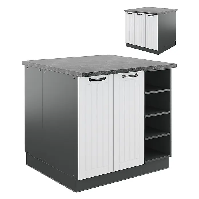 Vicco Inselküche Fame-Line Weiß Landhaus/Anthrazit ohne Arbeitsplatte - Breite: 90 cm, Weiß Landhaus, Ohne Elektrogeräte - Dunkelgraue Kücheninsel mit weißen Kassettentüren, schwarzen Griffen, grauer Arbeitsplatte und offenen Regalen.