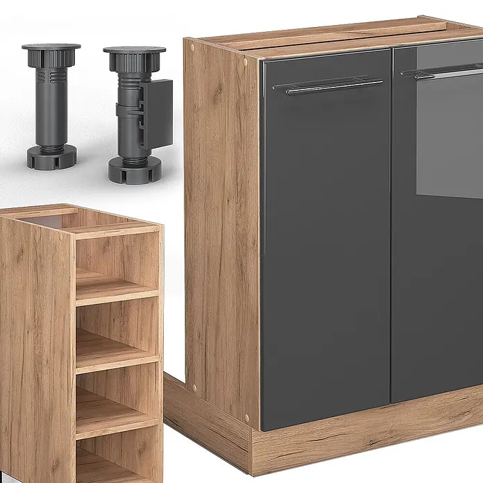 Vicco Inselküche Fame-Line Anthrazit Hochglanz/Goldkraft Eiche ohne Arbeitsplatte - Breite: 90 cm, Anthrazit Hochglanz, Ohne Elektrogeräte - Verstellbare Kunststoff-Schrankfüße und modulare Holz-Küchenschränke mit dunkelgrauen Türen und Chromgriffen.