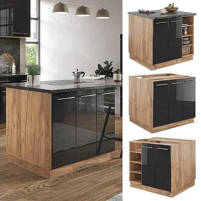 Vicco Inselküche Fame-Line Anthrazit Hochglanz/Goldkraft Eiche ohne Arbeitsplatte - Breite: 90 cm, Anthrazit Hochglanz, Ohne Elektrogeräte - Moderne Kücheninsel mit glänzenden schwarzen Türen und Holzoptik-Paneelen, montiert und als modulare Komponenten gezeigt.