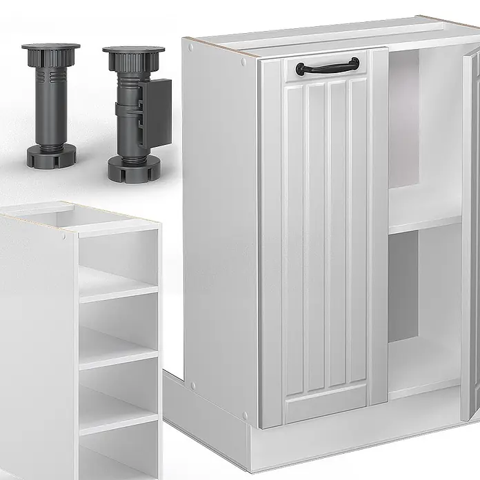 Vicco Inselküche Fame-Line Weiß Landhaus/Weiß ohne Arbeitsplatte - Weiß Landhaus, Ohne Elektrogeräte - Verstellbare schwarze Kunststoff-Möbelfüße und weiße modulare Küchenschrankrahmen mit Einlegeböden und Tür.