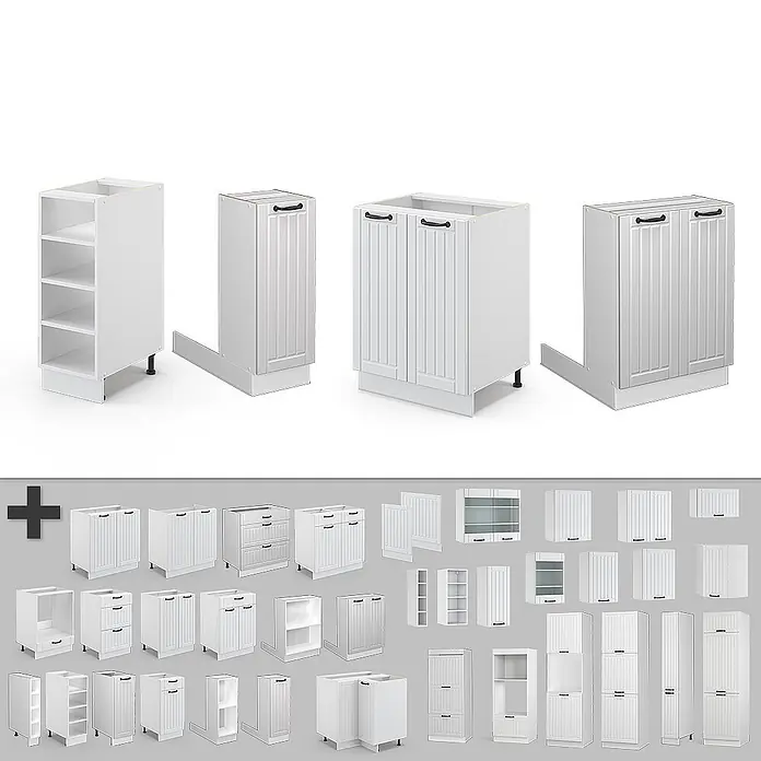 Vicco Inselküche Fame-Line Weiß Landhaus/Weiß ohne Arbeitsplatte - Weiß Landhaus, Ohne Elektrogeräte - Weiße Küchenschränke und -module: verschiedene Unterschränke, Hängeschränke und Hochschränke.