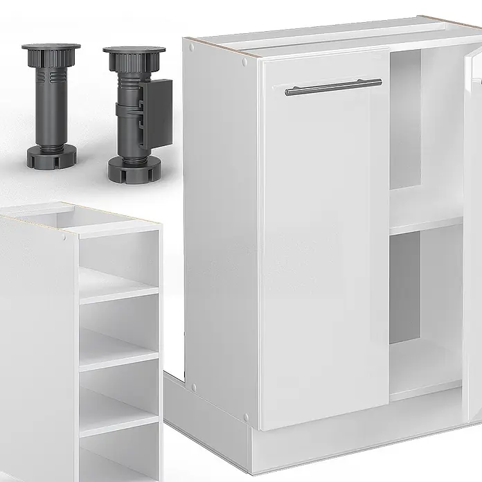 Vicco Inselküche Fame-Line Weiß Hochglanz/Weiß ohne Arbeitsplatte - Weiß Hochglanz, Ohne Elektrogeräte - Modulare weiße Küchenunterschränke und ein offenes Regalmodul, gezeigt mit dunkelgrauen verstellbaren Möbelfüßen.