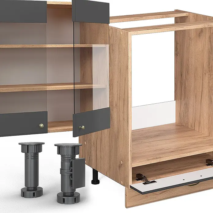 Vicco Eckküche Fame-Line Anthrazit Landhaus/Goldkraft Eiche ohne Arbeitsplatte - Anthrazit-Gold Landhaus, Ohne Elektrogeräte - Modulare Küchenschränke: holzfarbener Oberschrank mit dunkelgrauen Glastüren, Unterschrank und verstellbare Füße.