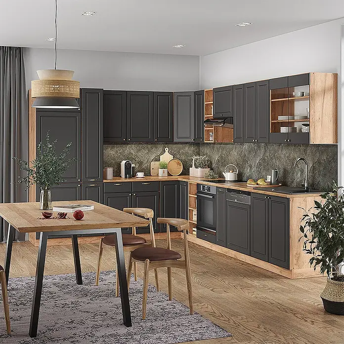 Vicco Eckküche Fame-Line Anthrazit Landhaus/Goldkraft Eiche ohne Arbeitsplatte - Anthrazit-Gold Landhaus, Ohne Elektrogeräte - Moderne L-förmige Küche mit dunkelgrauen Schränken, Holzarbeitsplatten und Essbereich, mit schlankem, funktionalem Design.