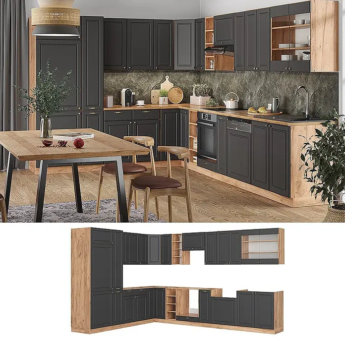 Vicco Eckküche Fame-Line Anthrazit Landhaus/Goldkraft Eiche ohne Arbeitsplatte - Anthrazit-Gold Landhaus, Ohne Elektrogeräte - Dunkelgraue L-förmige Küchenschränke mit hellen Holzdetails und Arbeitsplatte, in moderner Küche und als Module dargestellt.