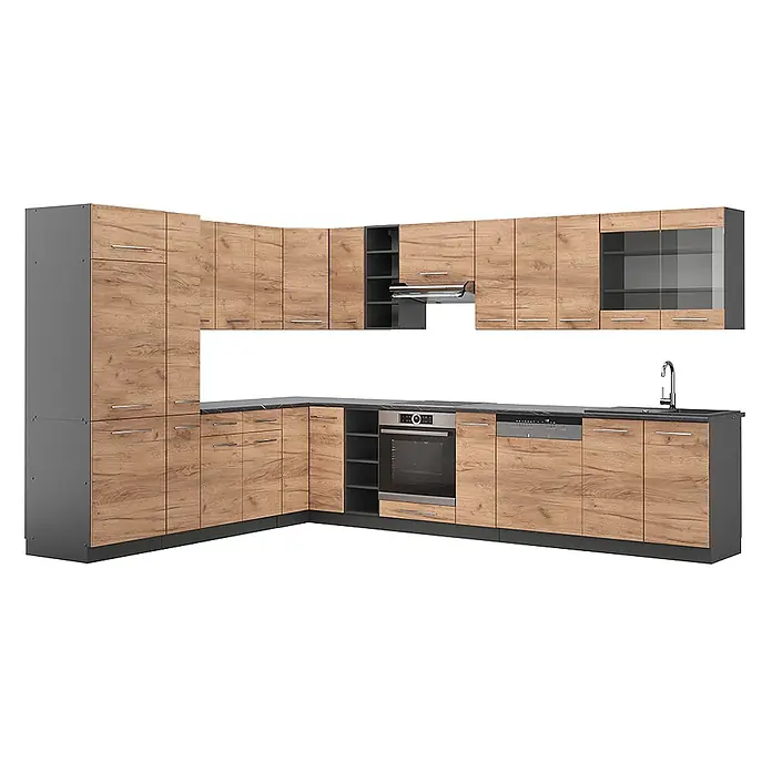 Vicco Eckküche Fame-Line Goldkraft Eiche/Anthrazit, AP Anthrazit - B x T: 347 x 60 cm, Goldkraft Eiche, Ohne Elektrogeräte - L-förmige Küche mit Holzoptik-Fronten, dunkelgrauen Schränken, integriertem Backofen, Spüle, Geschirrspüler und Dunstabzugshaube.