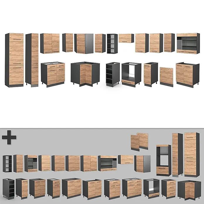 Vicco Eckküche Fame-Line Goldkraft Eiche/Anthrazit, AP Eiche - B x T: 347 x 60 cm, Goldkraft Eiche, Ohne Elektrogeräte - Modulare Küchenschränke mit hellen Holzoptik-Fronten und dunkelgrauen Korpen, in verschiedenen Konfigurationen.