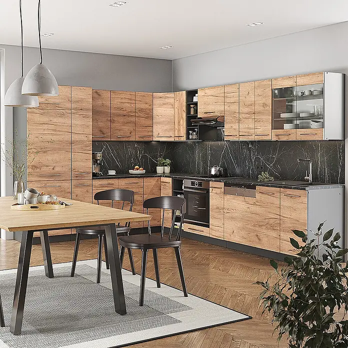 Vicco Eckküche Fame-Line Goldkraft Eiche/Anthrazit, AP Eiche - B x T: 347 x 60 cm, Goldkraft Eiche, Ohne Elektrogeräte - Moderne Küche mit Holzoptik-Schränken und schwarzer Marmoroptik-Arbeitsplatte, inklusive Essbereich.