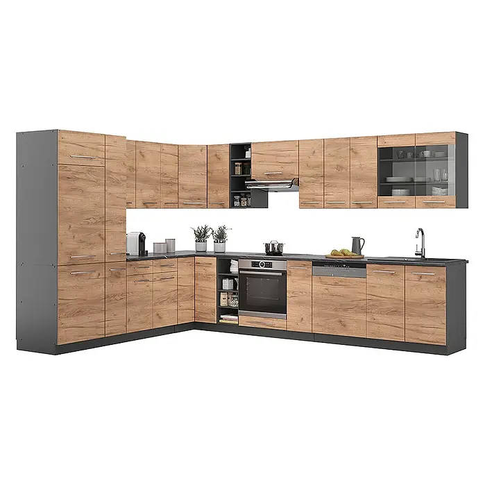 Vicco Eckküche Fame-Line Goldkraft Eiche/Anthrazit, AP Eiche - B x T: 347 x 60 cm, Goldkraft Eiche, Ohne Elektrogeräte - L-förmige Modulküche mit Holzoptikfronten und dunkelgrauen Akzenten, inkl. Einbaugeräten und Glastüren.