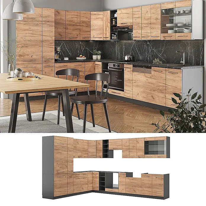 Vicco Eckküche Fame-Line Goldkraft Eiche/Anthrazit, AP Eiche - B x T: 347 x 60 cm, Goldkraft Eiche, Ohne Elektrogeräte - Modulare Eckküche mit Holzoptikfronten und dunklen Sockeln, für einen modernen und praktischen Küchenbereich.