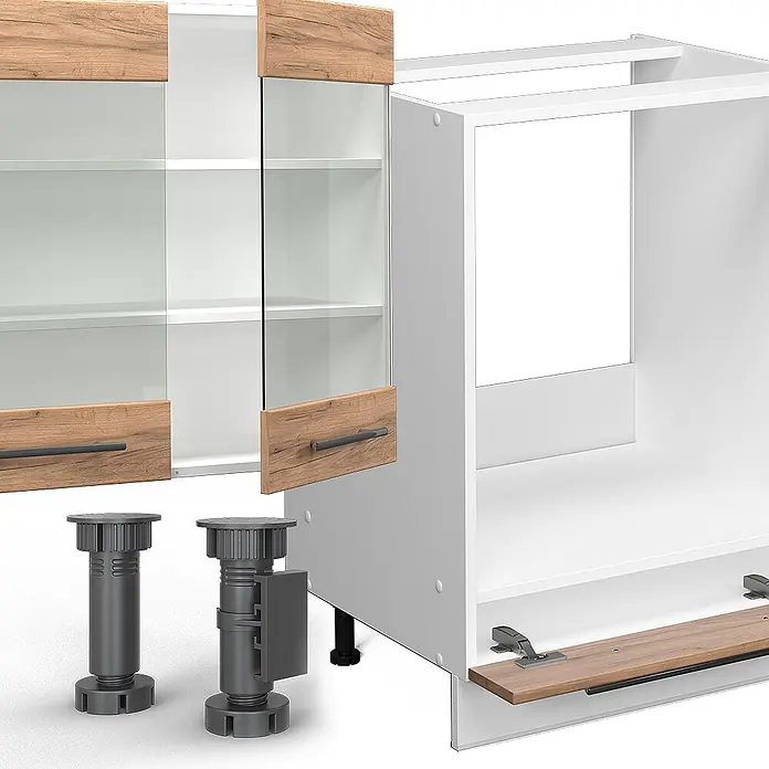 Vicco Eckküche Fame-Line Goldkraft Eiche/Weiß ohne Arbeitsplatte - B x T: 347 x 46 cm, Goldkraft Eiche, Ohne Elektrogeräte - Modulare Küchenschrankelemente: ein weißer Oberschrank mit Glas- und Holztüren, ein offener Unterschrankrahmen und verstellbare dunkelgraue Füße.