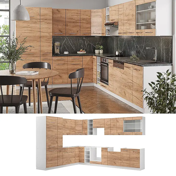 Vicco Eckküche Fame-Line Goldkraft Eiche/Weiß ohne Arbeitsplatte - B x T: 347 x 46 cm, Goldkraft Eiche, Ohne Elektrogeräte - L-förmige Küchenmöbel mit Holzmaserungsfronten und weißen Korpen in moderner Küchenumgebung.