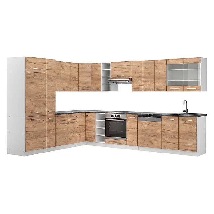 Vicco Eckküche Fame-Line Goldkraft Eiche/Weiß ohne Arbeitsplatte - B x T: 347 x 46 cm, Goldkraft Eiche, Ohne Elektrogeräte - L-förmige Küche mit hellen Eichenholzfronten, weißen Seitenwänden, dunkelgrauer Arbeitsplatte und integrierten Geräten wie Backofen, Kochfeld, Spüle und Geschirrspüler.