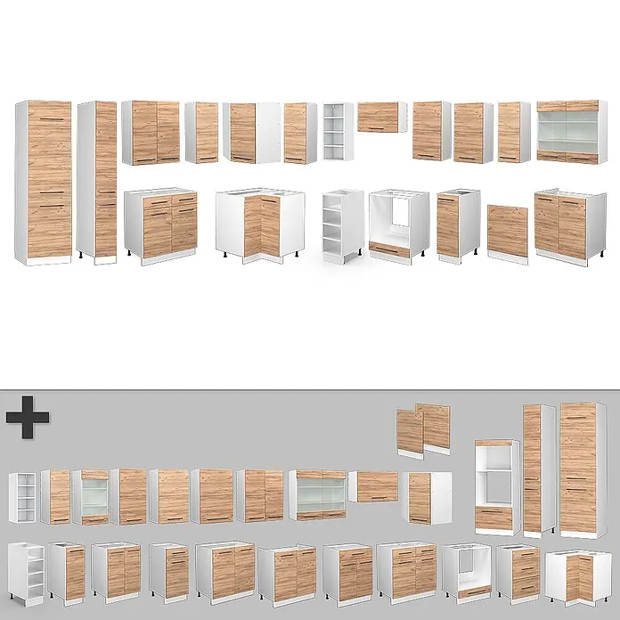 Vicco Eckküche Fame-Line Goldkraft Eiche/Weiß ohne Arbeitsplatte - B x T: 347 x 46 cm, Goldkraft Eiche, Ohne Elektrogeräte - Modulare Küchenschränke: weiße Korpusse, helle Holzfronten, verschiedene Größen und Ausführungen.
