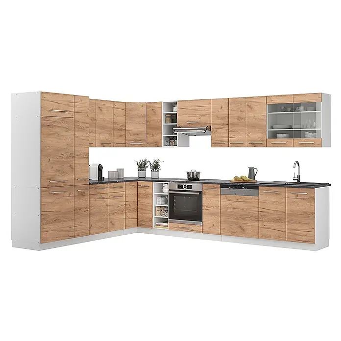 Vicco Eckküche Fame-Line Goldkraft Eiche/Weiß ohne Arbeitsplatte - B x T: 347 x 46 cm, Goldkraft Eiche, Ohne Elektrogeräte - L-förmige Küchenzeile mit hellen Holzfronten, weißen Rahmen, dunkler Arbeitsplatte und integrierten Geräten.