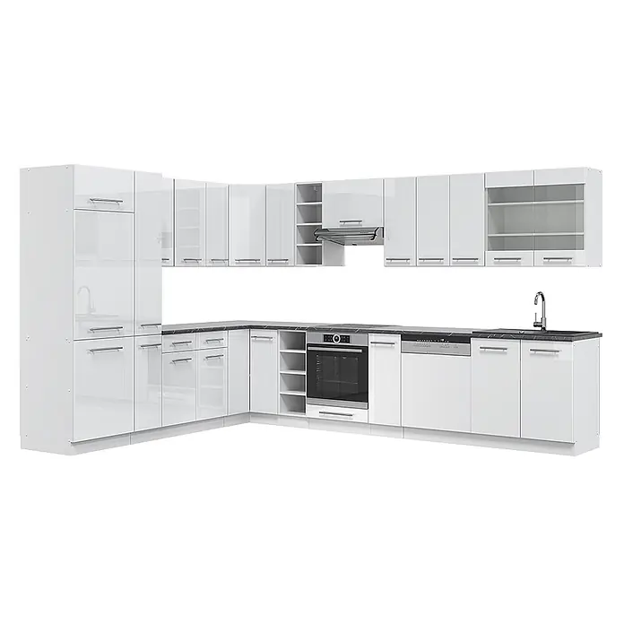 Vicco Eckküche Fame-Line Weiß Hochglanz/Weiß ohne Arbeitsplatte - B x T: 347 x 46 cm, Weiß Hochglanz, Ohne Elektrogeräte - Moderne L-förmige Küche mit glänzenden weißen Schränken, dunkler Arbeitsplatte, integriertem Backofen, Geschirrspüler, Spüle und Dunstabzug.