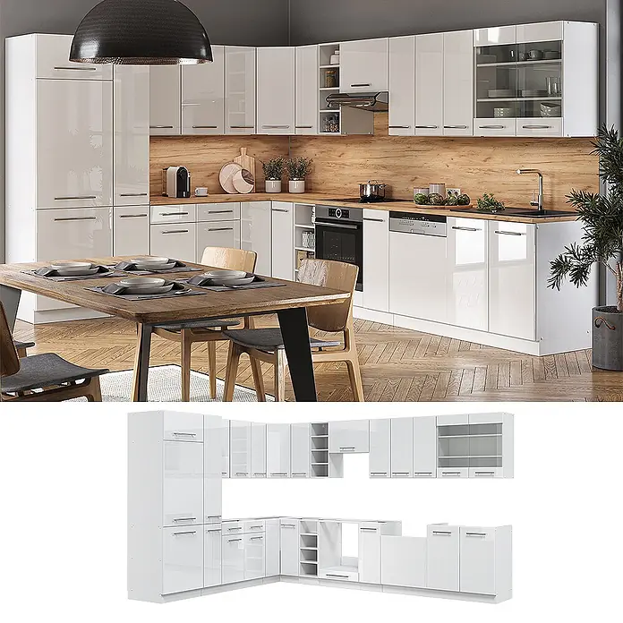 Vicco Eckküche Fame-Line Weiß Hochglanz/Weiß, AP Eiche - B x T: 347 x 60 cm, Weiß Hochglanz, Ohne Elektrogeräte - Weiße Hochglanz Eckküche mit diversen Schränken und integrierten Gerätefächern.