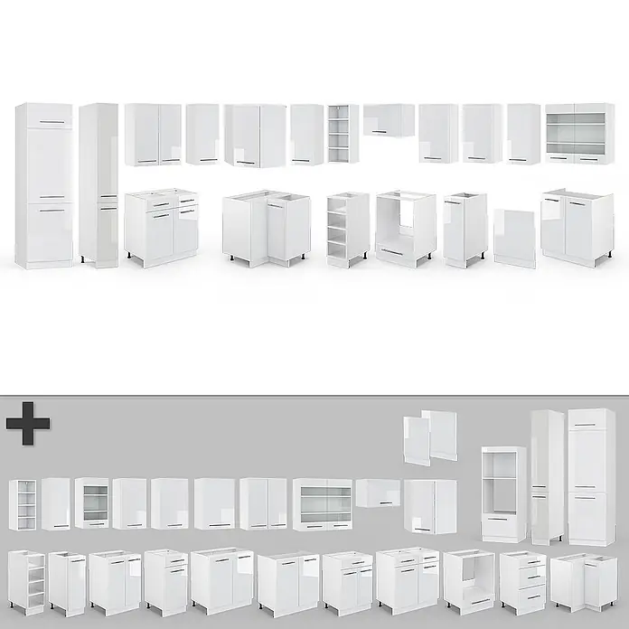 Vicco Eckküche Fame-Line Weiß Hochglanz/Weiß, AP Eiche - B x T: 347 x 60 cm, Weiß Hochglanz, Ohne Elektrogeräte - Set aus weißen modularen Küchenschränken und Aufbewahrungseinheiten.