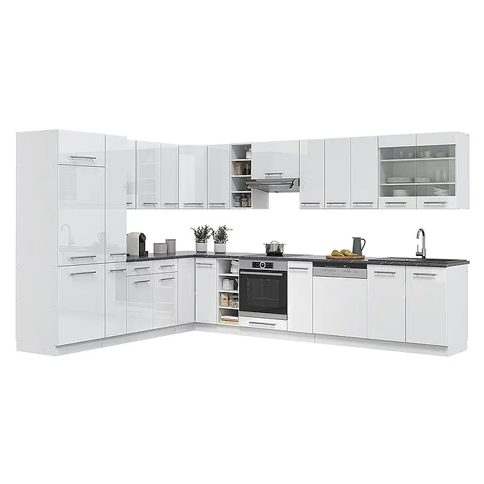 Vicco Eckküche Fame-Line Weiß Hochglanz/Weiß, AP Eiche - B x T: 347 x 60 cm, Weiß Hochglanz, Ohne Elektrogeräte - L-förmige Küchenzeile in Hochglanzweiß mit integrierten Geräten und dunkler Arbeitsplatte.
