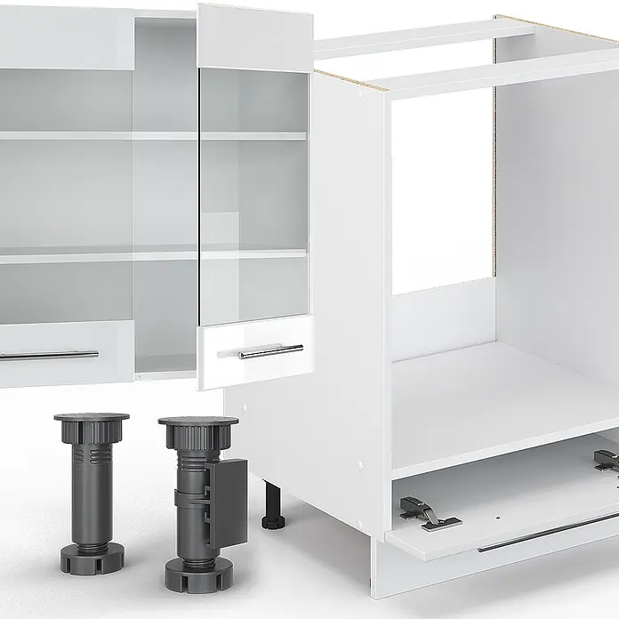 Vicco Eckküche Fame-Line Weiß Hochglanz/Weiß, AP Eiche - B x T: 347 x 60 cm, Weiß Hochglanz, Ohne Elektrogeräte - Weiße modulare Küchenschrankteile mit verstellbaren Füßen, bereit zur Montage.
