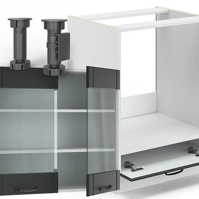 Vicco Eckküche Fame-Line Anthrazit Landhaus/Weiß ohne Arbeitsplatte - B x T: 287 x 46 cm, Dunkelgrau, Ohne Elektrogeräte - Verstellbare dunkelgraue Schrankfüße, weißer Korpus, Glastüren mit dunklen Rahmen und Auszugsschublade, zeigen Küchenschrankkomponenten.