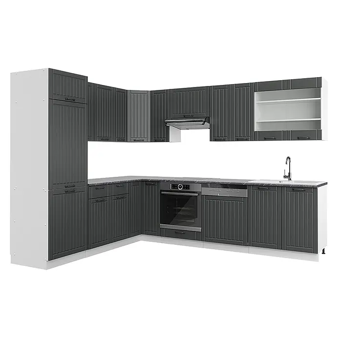 Vicco Eckküche Fame-Line Anthrazit Landhaus/Weiß ohne Arbeitsplatte - B x T: 287 x 46 cm, Dunkelgrau, Ohne Elektrogeräte - L-förmige dunkelgraue Küche mit gerillten Schränken, weißen Seitenwänden, grauer Arbeitsplatte, integriertem Ofen und Spüle.