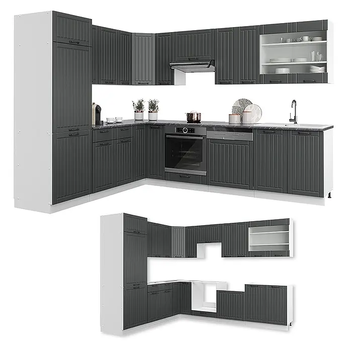 Vicco Eckküche Fame-Line Anthrazit Landhaus/Weiß ohne Arbeitsplatte - B x T: 287 x 46 cm, Dunkelgrau, Ohne Elektrogeräte - Dunkelgraue und weiße Eckküche mit gerillten Schranktüren, integriertem Backofen, Geschirrspüler und Spüle. Inklusive hohem Vorratsschrank.