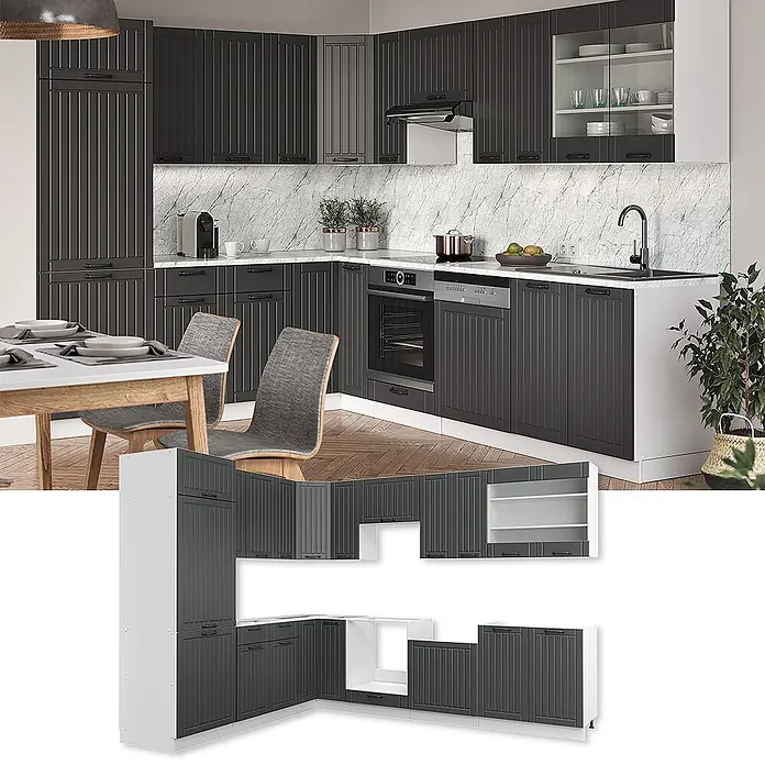 Vicco Eckküche Fame-Line Anthrazit Landhaus/Weiß ohne Arbeitsplatte - B x T: 287 x 46 cm, Dunkelgrau, Ohne Elektrogeräte - Dunkelgraue L-förmige Küchenschrankgarnitur mit Lamellentüren, weißer Arbeitsplatte und integrierten Geräten.