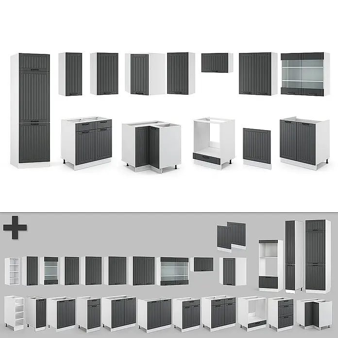 Vicco Eckküche Fame-Line Anthrazit Landhaus/Weiß ohne Arbeitsplatte - B x T: 287 x 46 cm, Dunkelgrau, Ohne Elektrogeräte - Modulare Küchenschränke mit dunkelgrauen Rillentüren und weißen Rahmen, bieten vielfältige Stauraumlösungen.