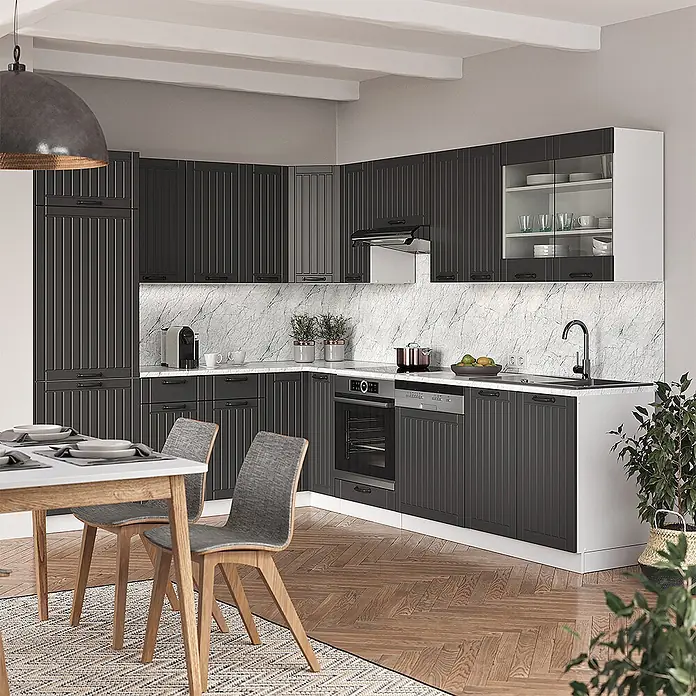 Vicco Eckküche Fame-Line Anthrazit Landhaus/Weiß ohne Arbeitsplatte - B x T: 287 x 46 cm, Dunkelgrau, Ohne Elektrogeräte - Dunkelgraue geriffelte Küchenschränke mit Marmoroptik-Oberflächen, integrierten Geräten und Essbereich.