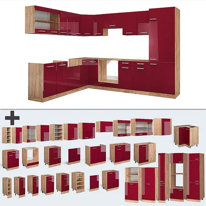 Vicco Eckküche R-Line Rot Hochglanz/Goldkraft Eiche ohne Arbeitsplatte - Rot Hochglanz, Ohne Elektrogeräte - Modulare Küchenzeile mit hochglänzenden roten Fronten und hellen Holz-Dekorrahmen, als Set und Einzelmodule.