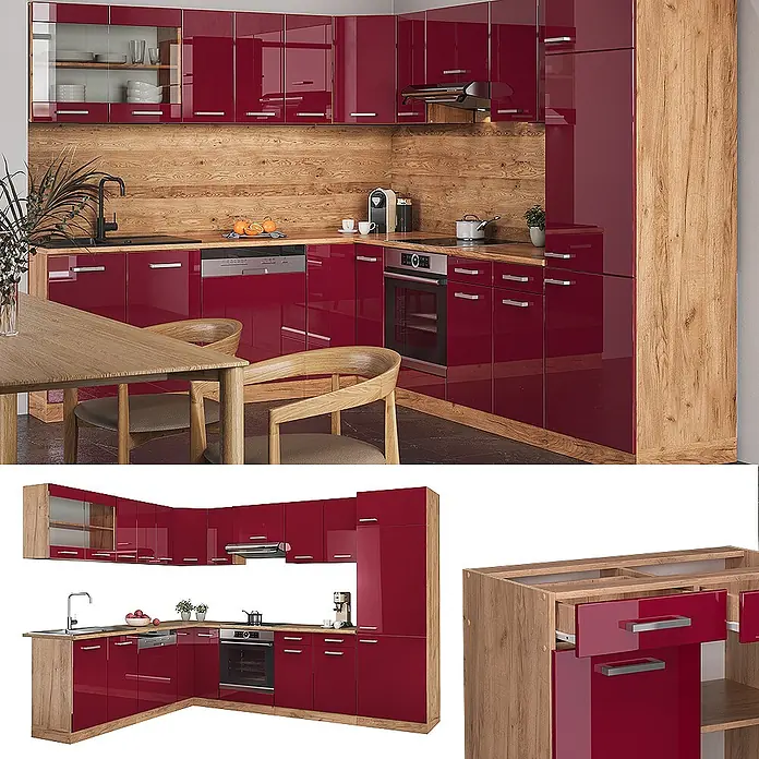 Vicco Eckküche R-Line Rot Hochglanz/Goldkraft Eiche ohne Arbeitsplatte - Rot Hochglanz, Ohne Elektrogeräte - Moderne Eckküche mit hochglänzenden roten Fronten und Holz-Optik-Akzenten, ausgestattet mit integrierten Geräten und Spüle.