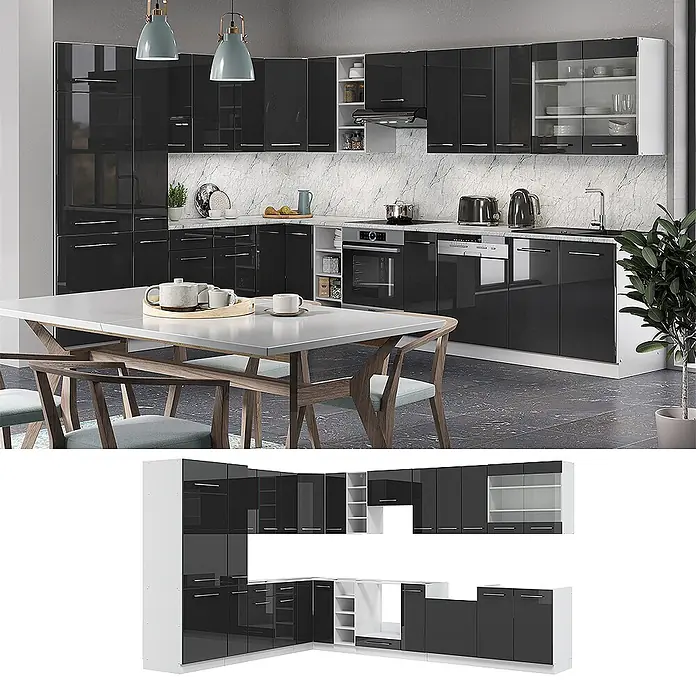 Vicco Eckküche Fame-Line Anthrazit Hochglanz/Weiß ohne Arbeitsplatte - B x T: 347 x 46 cm, Anthrazit Hochglanz, Ohne Elektrogeräte - Schwarzes Hochglanz-Küchenschrank-Set in L-Form mit weißen Regalen, in einer modernen Küche gezeigt.
