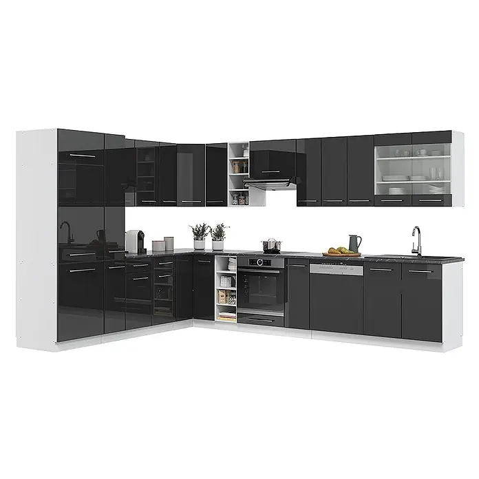 Vicco Eckküche Fame-Line Anthrazit Hochglanz/Weiß ohne Arbeitsplatte - B x T: 347 x 46 cm, Anthrazit Hochglanz, Ohne Elektrogeräte - Moderne L-förmige Küche mit hochglanzschwarzen Schränken, weißen Seiten und dunkler Arbeitsplatte, inklusive Geräten.