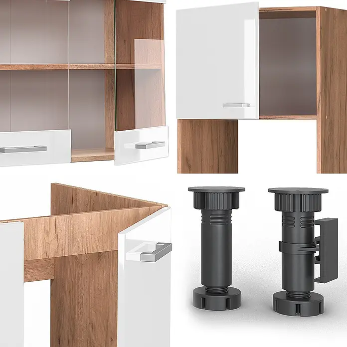 Vicco Eckküche R-Line Weiß Hochglanz/Goldkraft Eiche, AP Marmor - B x T: 247 x 60 cm, Weiß Hochglanz, Ohne Elektrogeräte - Weiße und holzfarbene Möbelteile: Schränke, Schubladen und schwarze verstellbare Möbelfüße.