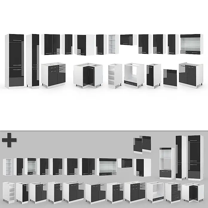 Vicco Eckküche Fame-Line Anthrazit Hochglanz/Weiß ohne Arbeitsplatte - B x T: 347 x 46 cm, Anthrazit Hochglanz, Ohne Elektrogeräte - Modulare schwarz-weiße Küchenschränke, darunter Ober-, Unter- und Hochschränke.